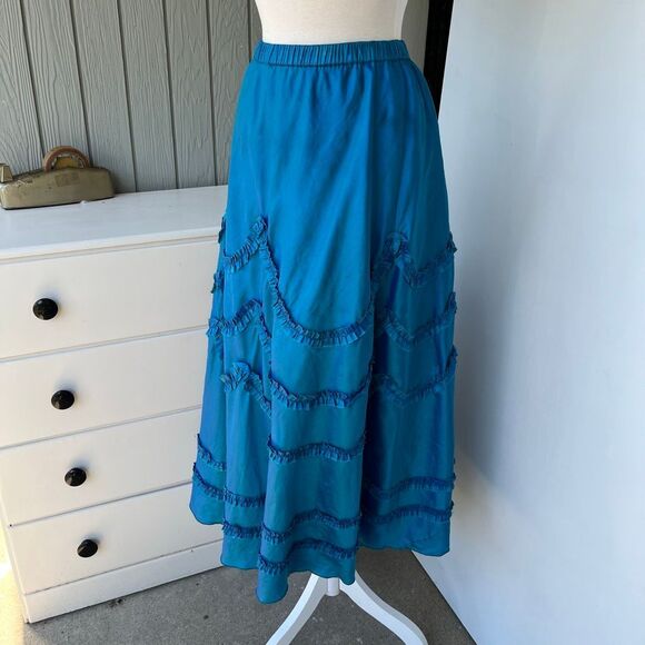 VTG 90s Indigo Moon Iridescent Blue Bias Cut Maxi Skirt Ruffle Trim SZ M - Picture 9 of 12